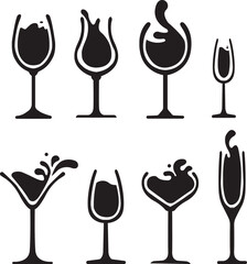 Wine glass and bottle silhouette,Wineglass or Champagne Glasses Line Icon Set. Celebration and...