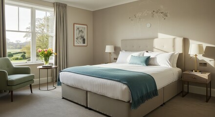 Inviting hotel bedroom sanctuary bathed in warm sunlight, featuring a plush king bed, serene landscape views, and elegant decor for ultimate relaxation