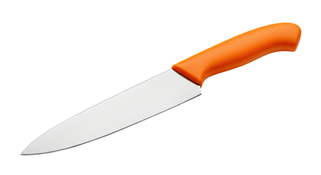 Closeup of an orange handled kitchen knife 1.