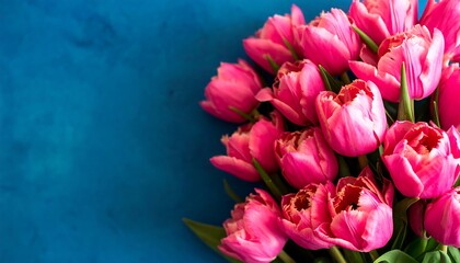 Pink tulips bouquet on blue background