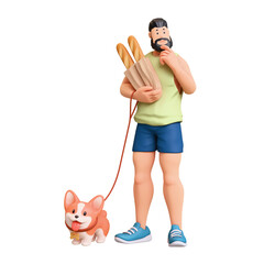 3d rendering of stylized thoughtful bearded muscular man in green tank top, shorts holding paper bag with baguettes, standing touches chin with hand thinking, holds corgi dog on leash white background