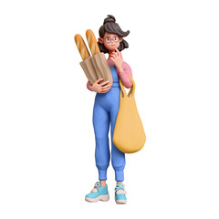 3d rendering of stylized thoughtful asian brunette girl in glasses, casual fashion clothes holding shopping bag, paper bag with baguettes, standing touches chin with hand thinking on white background.