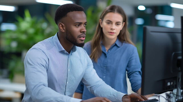 Senior mentor coaching a junior colleague at a standing desk workstation both looking at dual monitors displaying data analytics. Natural mentoring moment with genuine expressions