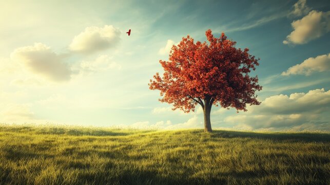 A single red tree stands alone on a grassy hill with a red butterfly flying above, against a blue sky with white clouds. - Powered by Adobe