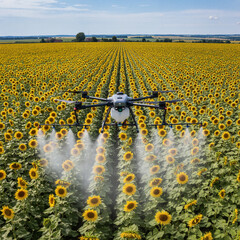 Obraz premium agriculture drone spraying in sunflower field