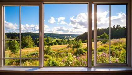 A picturesque view of rolling hills and lush greenery, framed by a window, bathed in sunlight.