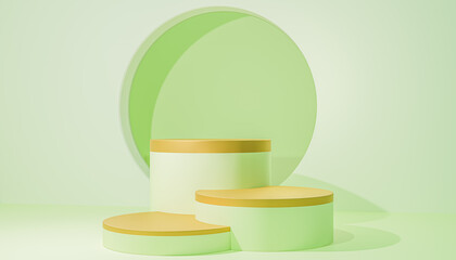 Green and gold podiums for product display, minimal 3d scene with pedestals for cosmetic showcase, geometric stage with arch for natural beauty presentation