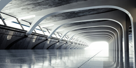 Futuristic empty corridor with white arches and concrete ceiling, modern architecture background with reflective floor, bright light at end of tunnel concept