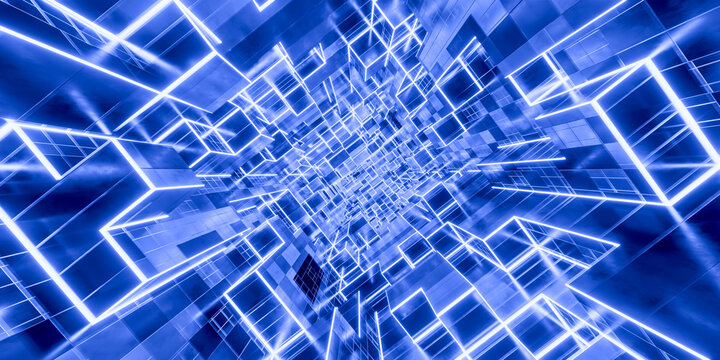 Flying through endless digital corridor of glowing blue neon cubes, futuristic technology background for internet data, network connection and virtual reality world