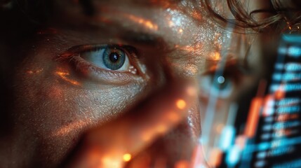 Naklejka premium Close-Up of Focused Person Analyzing Data on Digital Screen Display