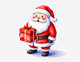 Watercolor Cartoon Santa Holding Present