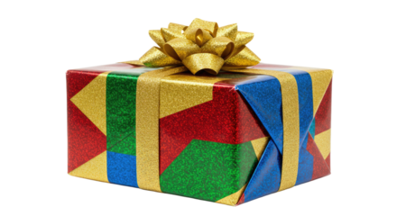 Colorfully Wrapped Gift Box with Gold Bow.