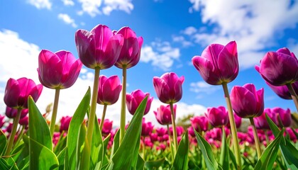 Obraz premium Vibrant purple tulips reach for a vibrant blue sky, filled with fluffy white clouds, showcasing a cheerful spring scene.