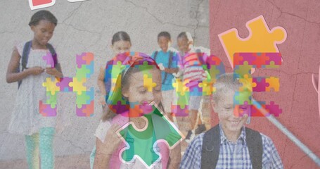Animation of colorful puzzle and hope over happy diverse school children - Powered by Adobe
