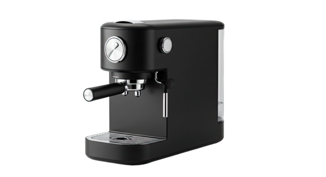 Compact Black Espresso Machine with Chrome Accents.
