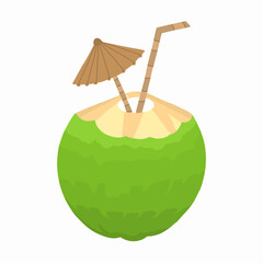 Hand drawn vector illustration of fresh green coconut drink with straw and umbrella for summer. Minimalist coconut water icon