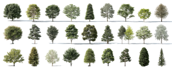 Various tree silhouettes, diverse shapes and shades of green