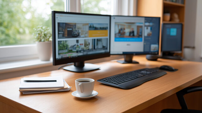 Home office setup for participating in online property auctions multiple monitors displaying auction websites virtual bidding interfaces real time property valuations video con