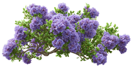 Lush cluster of vibrant purple blossoms on a leafy branch