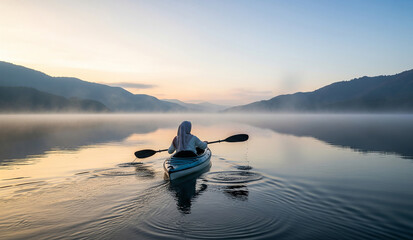 A lone person in a blue kayak paddles across a perfectly calm, misty lake at a serene sunrise, with mountains reflected in the glassy water, a beautiful and peaceful scene.
