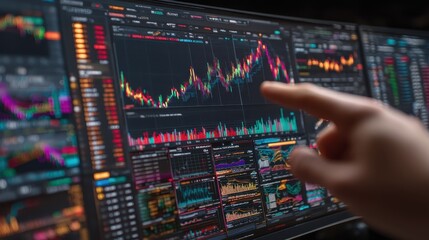 Naklejka premium Market Analysis with Colorful Graphs and Stock Data on Digital Screen