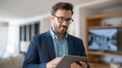 Real estate agent conducting virtual property tour using 360 degree camera equipment tablet displaying live video feed to remote buyers modern home interior optimally staged for