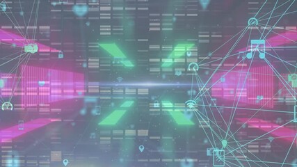 Two globes of digital icons spinning against glowing tunnel and mosaic squares - Powered by Adobe