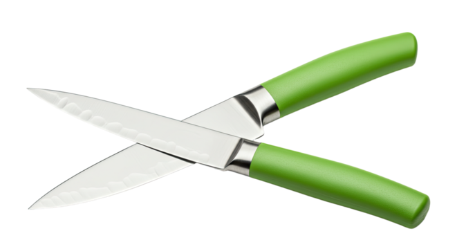 Crossed Green Handled Paring Knives Kitchen Utensils.