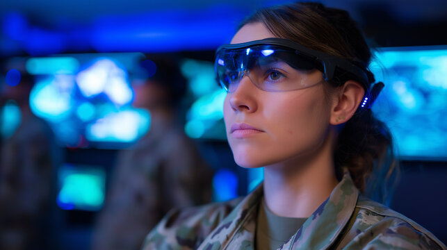 Advanced military VR training facility with female soldiers wearing haptic feedback suits and VR headsets immersive combat simulation environments displayed on large screens - Powered by Adobe