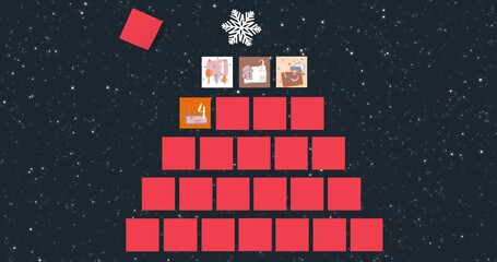Christmas advent calendar on dark screen. Tear-off calendar sheets with drawings cute colorful Christmas ornaments with number of day of december. Christmas 4K video graphic animation countdown - Powered by Adobe