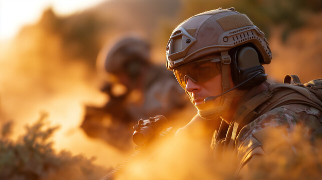 Mixed gender military unit conducting tactical field exercises diverse group of soldiers in modern combat gear coordinating urban warfare scenarios radio communications tactical