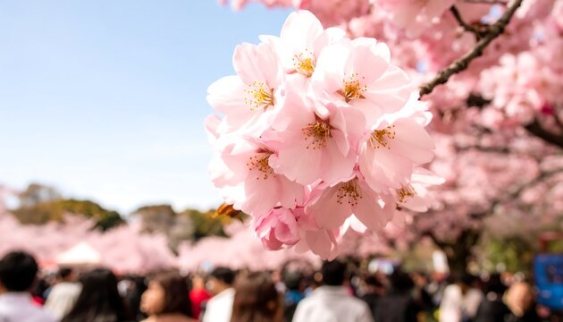 Close-up of delicate pink cherry blossoms in full bloom with a blurred festival crowd celebrating spring under a clear blue sky