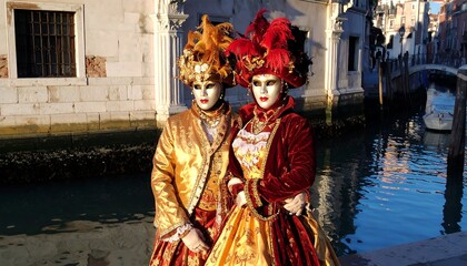 Mysterious masked couple in ornate, fiery red and gold traditional Venetian costumes by a historic canal