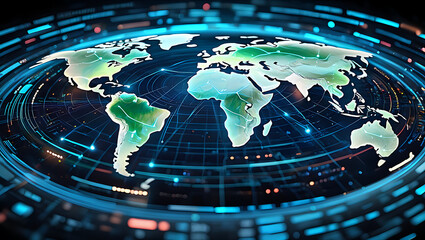 A digital world map glows with technological connections representing a global network of data and communication across continents