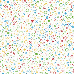 A colorful and lively collection of mathematical symbols and numbers scattered across a bright white background