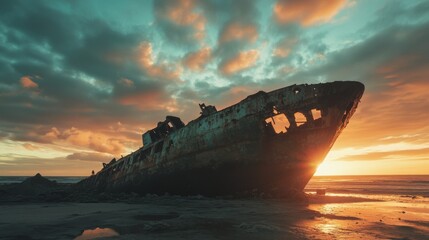A rusty shipwreck sits on a beach at sunset, with a dramatic sky behind it. The ship is silhouetted against the sun, with the ocean water lapping at its bow.