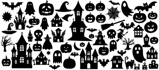 Set of Halloween Silhouettes – Haunted Houses, Pumpkins, Ghosts, Witches, Bats and Creepy Vector Icons in Black and White