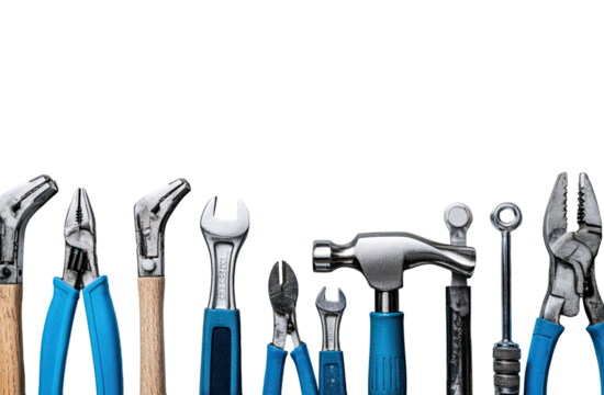 Assortment of hand tools in a horizontal row