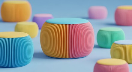 Colorful stools are arranged on a light blue surface. Modern furniture, playful design, minimalist decor, interior design, whimsical accents.