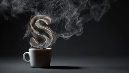 Vibrant photo of steaming coffee cup forms the letter s with wisps of smoke.