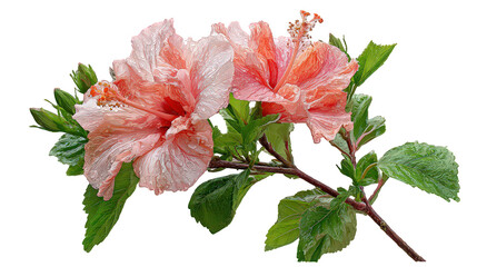 Peach and Pink Hibiscus Flowers with Dew Drops on Transparent Background