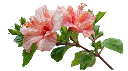 Peach and Pink Hibiscus Flowers with Dew Drops on Transparent Background
