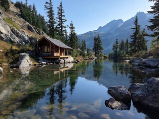 Fototapeta premium breathtaking, highland, hut, beside, calm, reservoir 