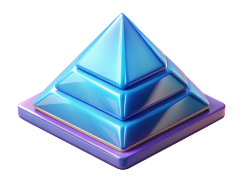 Glossy three level pyramid structure in blue and purple tones rendered artistically showing hierarchy3d illustration isolated on transparent background