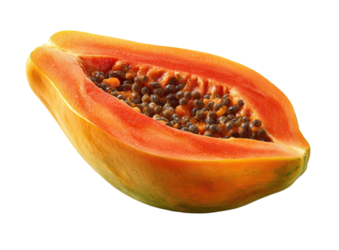 Close-up of a papaya half, vibrant orange-red flesh, speckled dark seeds