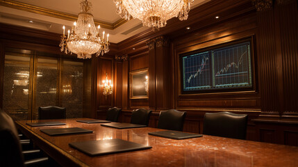 Fototapeta premium An opulent private banking chamber with mahogany walls lined with glowing financial charts showing exponential growth. Crystal chandeliers cast warm light over leather bound ledger
