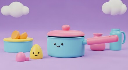 Cute cartoon kitchenware is arranged on a purple background. Whimsical scene, playful illustration, kawaii style, adorable design