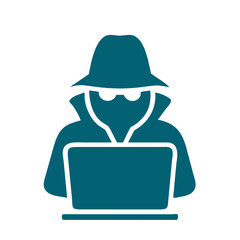 Illustration of a hacker using a computer, representing cyber security, data theft, and online crime
