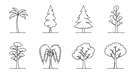 Minimalist outline drawings of diverse tree types in vector art style