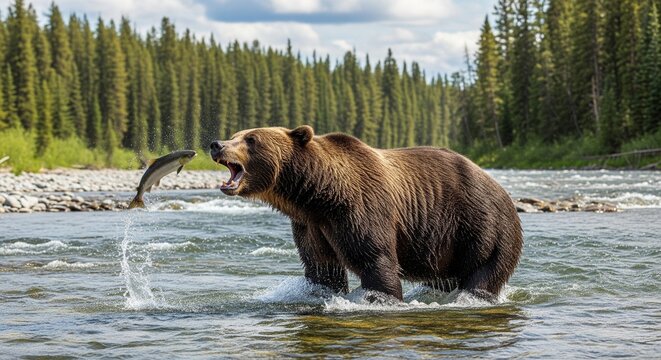 A powerful grizzly bear stands in a rushing river with its mouth wide open, perfectly timed to catch a leaping salmon
